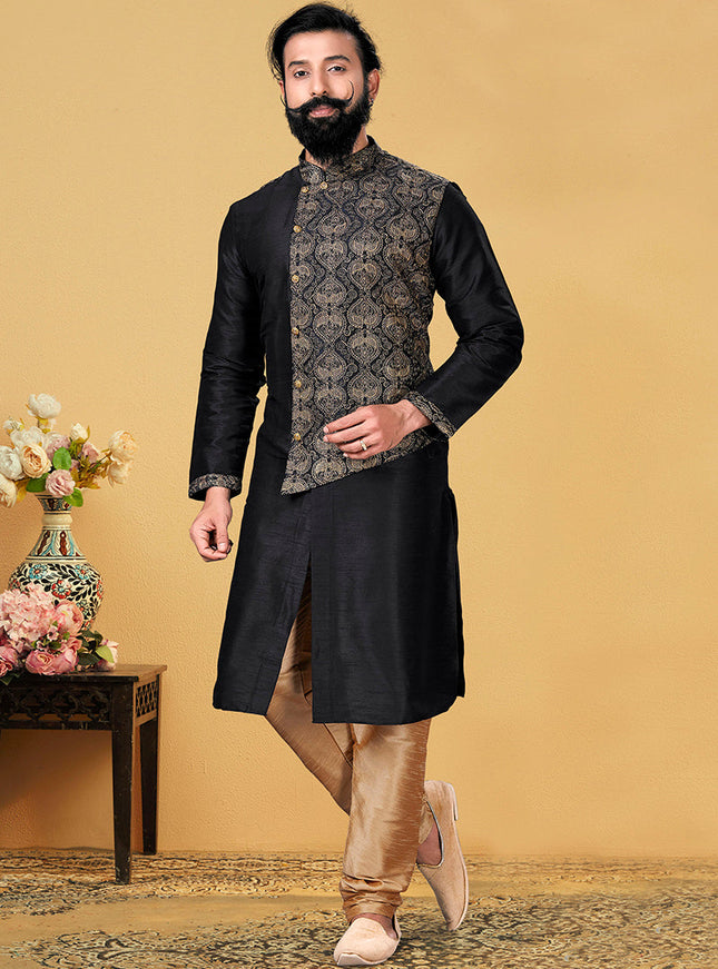 Dashing Black Dhupion Silk Embroidered Mens Kurta Set