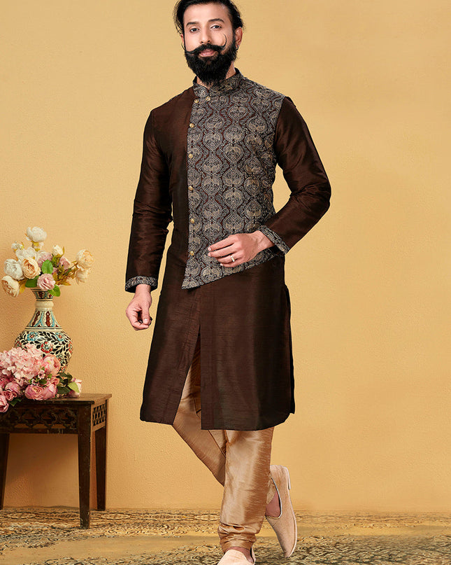 Exquisite Coffee Brown Dhupion Silk Embroidered Mens Kurta Set