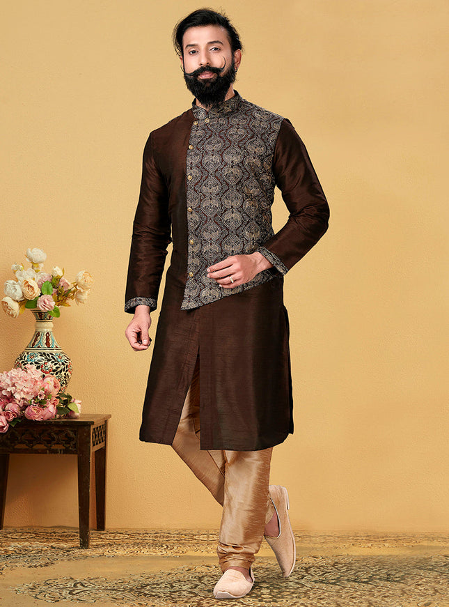 Exquisite Coffee Brown Dhupion Silk Embroidered Mens Kurta Set