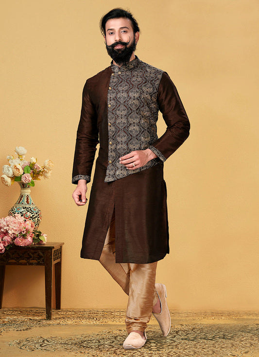 Exquisite Coffee Brown Dhupion Silk Embroidered Mens Kurta Set