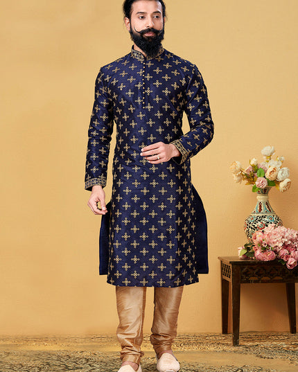 Unique Navy Blue Dhupion Silk Embroidered Mens Kurta Set