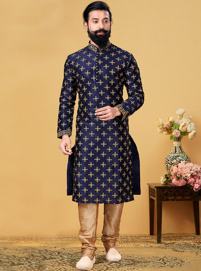 Unique Navy Blue Dhupion Silk Embroidered Mens Kurta Set