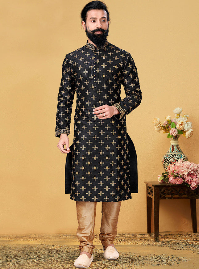 Bewitching Black Dhupion Silk Embroidered Mens Kurta Set