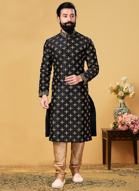 Bewitching Black Dhupion Silk Embroidered Mens Kurta Set