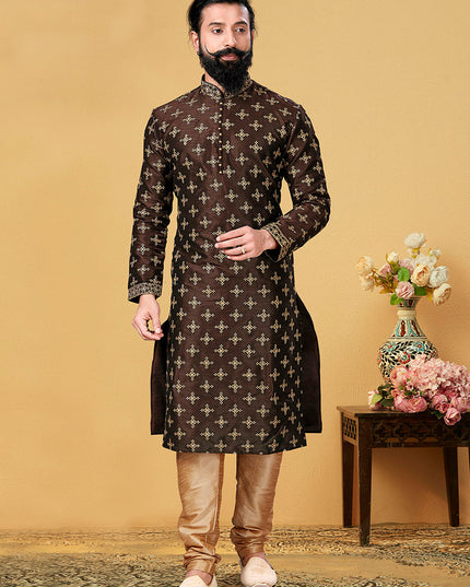 Stylish Coffee Brown Dhupion Silk Embroidered Mens Kurta Set