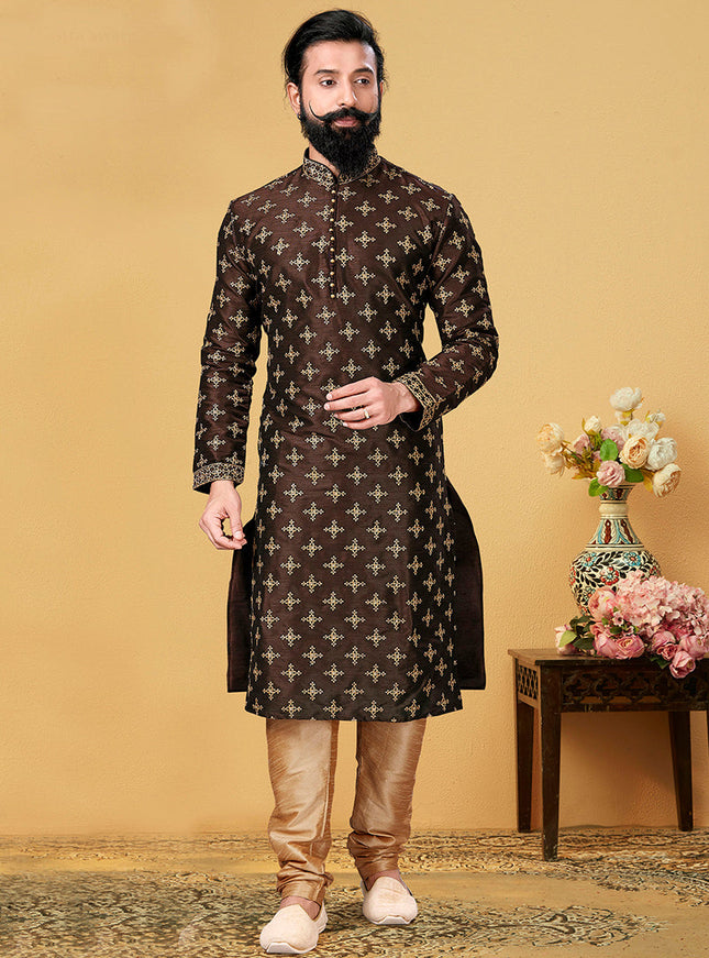 Stylish Coffee Brown Dhupion Silk Embroidered Mens Kurta Set