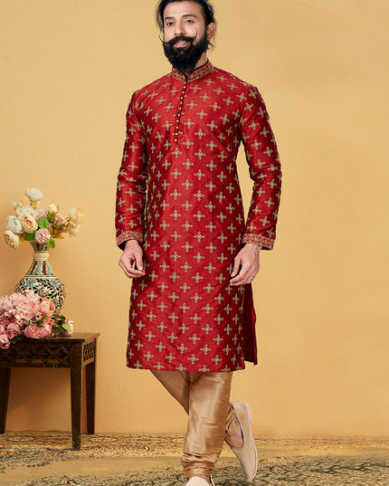 Dazzling Maroon Dhupion Silk Embroidered Mens Kurta Set