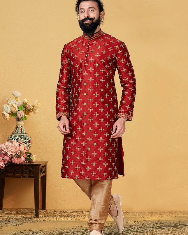 Dazzling Maroon Dhupion Silk Embroidered Mens Kurta Set