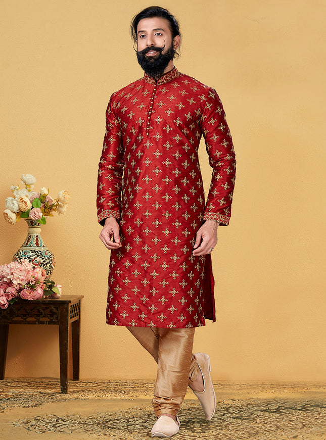 Dazzling Maroon Dhupion Silk Embroidered Mens Kurta Set