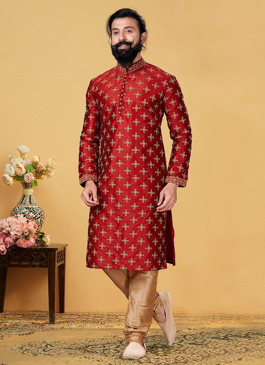 Dazzling Maroon Dhupion Silk Embroidered Mens Kurta Set