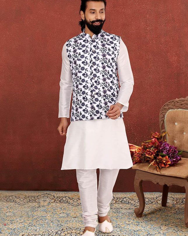 Striking Off White Dhupion Silk Mens Kurta Pyjama with Jacket