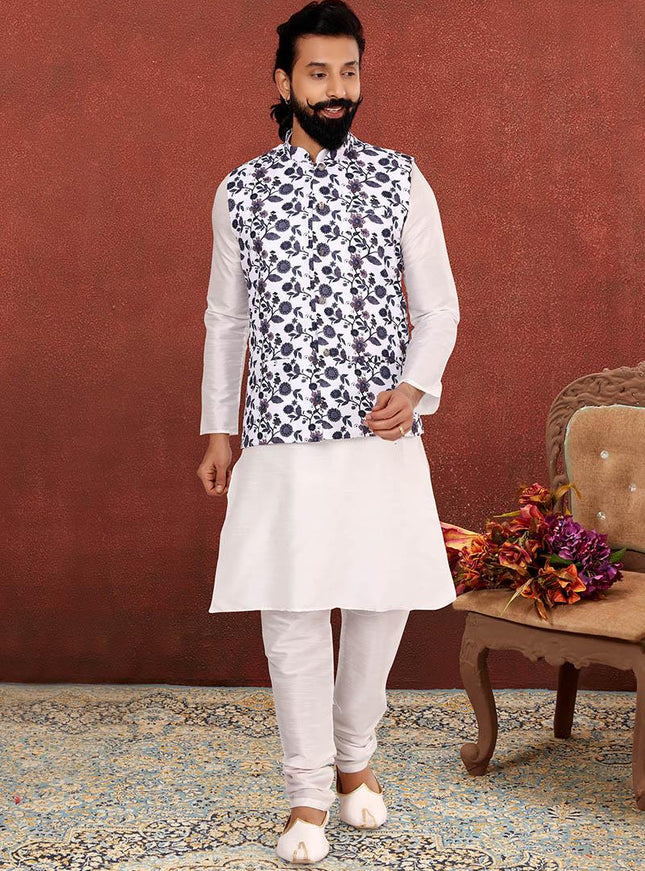 Striking Off White Dhupion Silk Mens Kurta Pyjama with Jacket