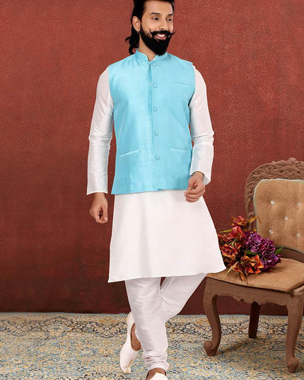 Delightful Off White Dhupion Silk Mens Kurta Pyjama with Jacket
