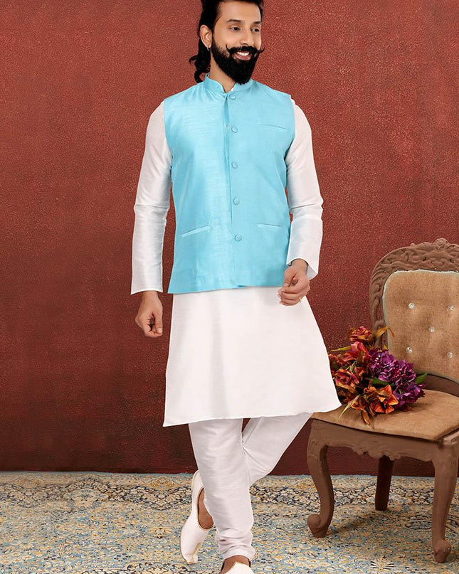 Delightful Off White Dhupion Silk Mens Kurta Pyjama with Jacket