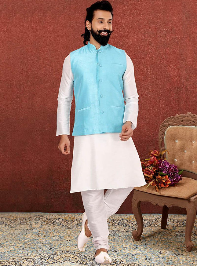 Delightful Off White Dhupion Silk Mens Kurta Pyjama with Jacket