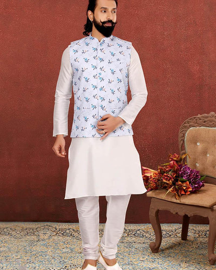 Lovely Off White Dhupion Silk Mens Kurta Pyjama with Jacket