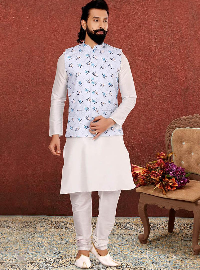 Lovely Off White Dhupion Silk Mens Kurta Pyjama with Jacket
