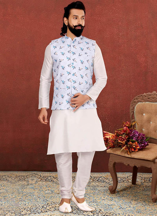 Lovely Off White Dhupion Silk Mens Kurta Pyjama with Jacket