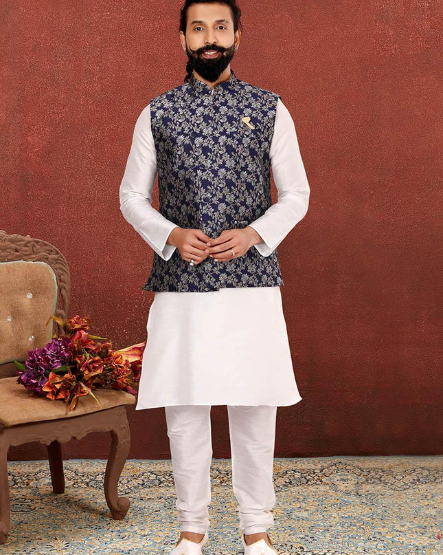 Sweet Off White Dhupion Silk Mens Kurta Pyjama with Jacket