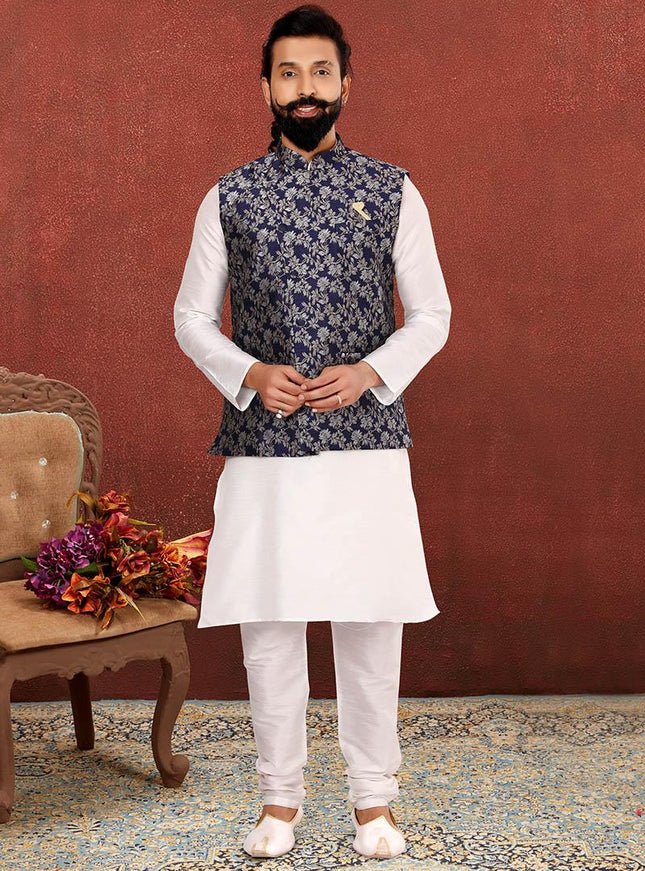 Sweet Off White Dhupion Silk Mens Kurta Pyjama with Jacket