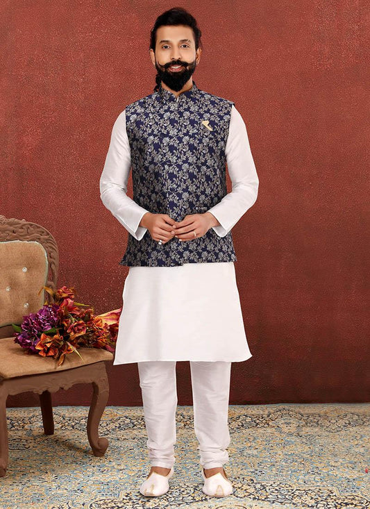 Sweet Off White Dhupion Silk Mens Kurta Pyjama with Jacket