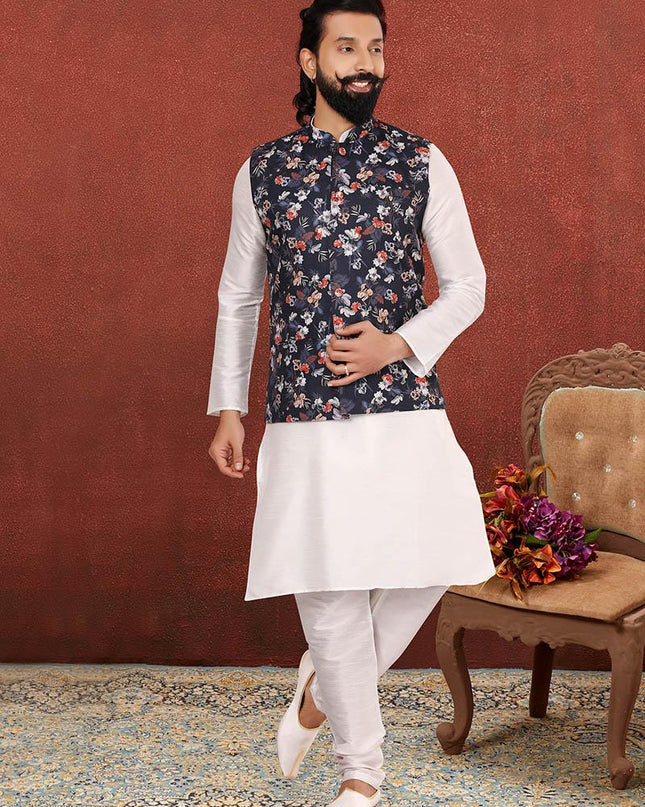 Fashionable Off White Dhupion Silk Mens Kurta Pyjama with Jacket