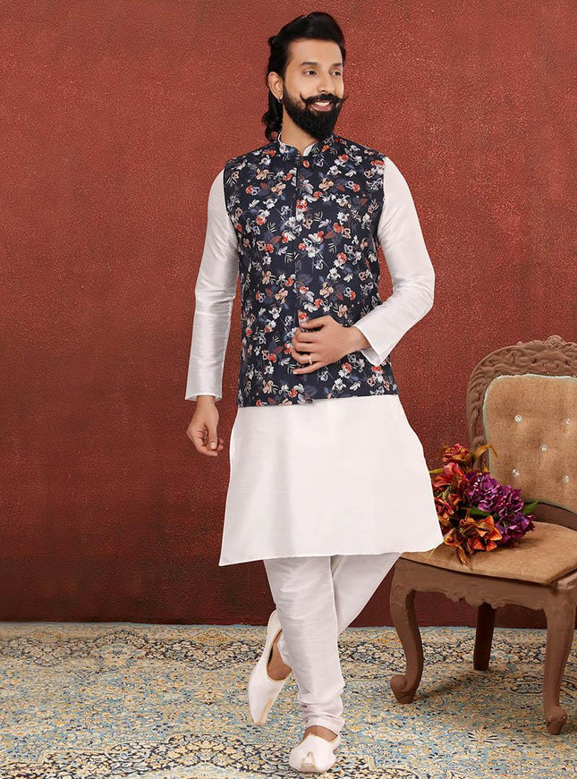 Fashionable Off White Dhupion Silk Mens Kurta Pyjama with Jacket