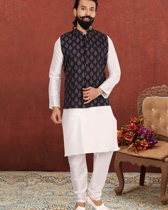 Outstanding Off White Dhupion Silk Mens Kurta Pyjama with Jacket
