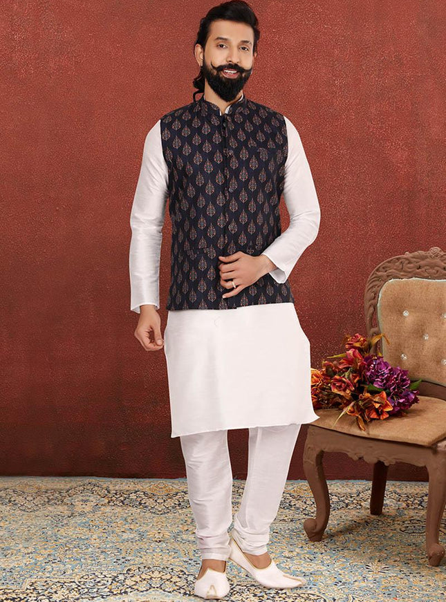 Outstanding Off White Dhupion Silk Mens Kurta Pyjama with Jacket