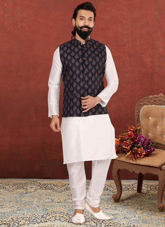 Outstanding Off White Dhupion Silk Mens Kurta Pyjama with Jacket