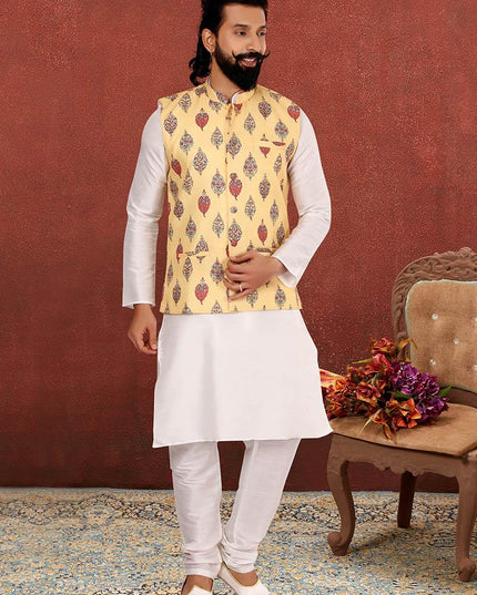 Stunning Off White Dhupion Silk Mens Kurta Pyjama with Jacket
