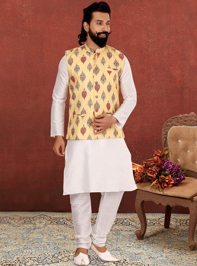 Stunning Off White Dhupion Silk Mens Kurta Pyjama with Jacket
