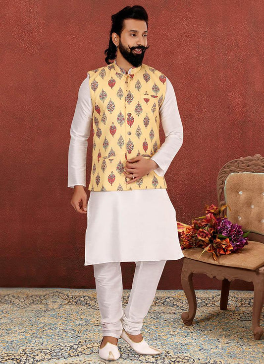 Stunning Off White Dhupion Silk Mens Kurta Pyjama with Jacket