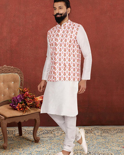 Mesmerizing Off White Dhupion Silk Mens Kurta Pyjama with Jacket