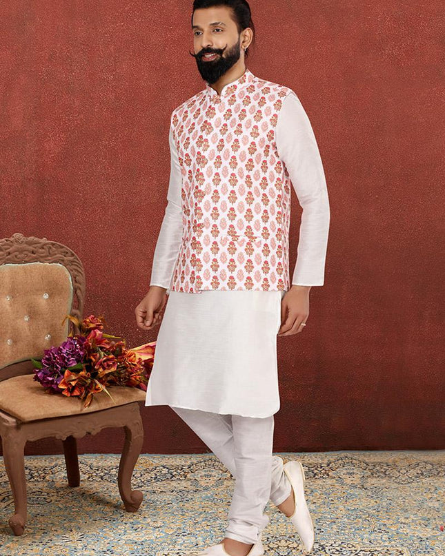 Mesmerizing Off White Dhupion Silk Mens Kurta Pyjama with Jacket