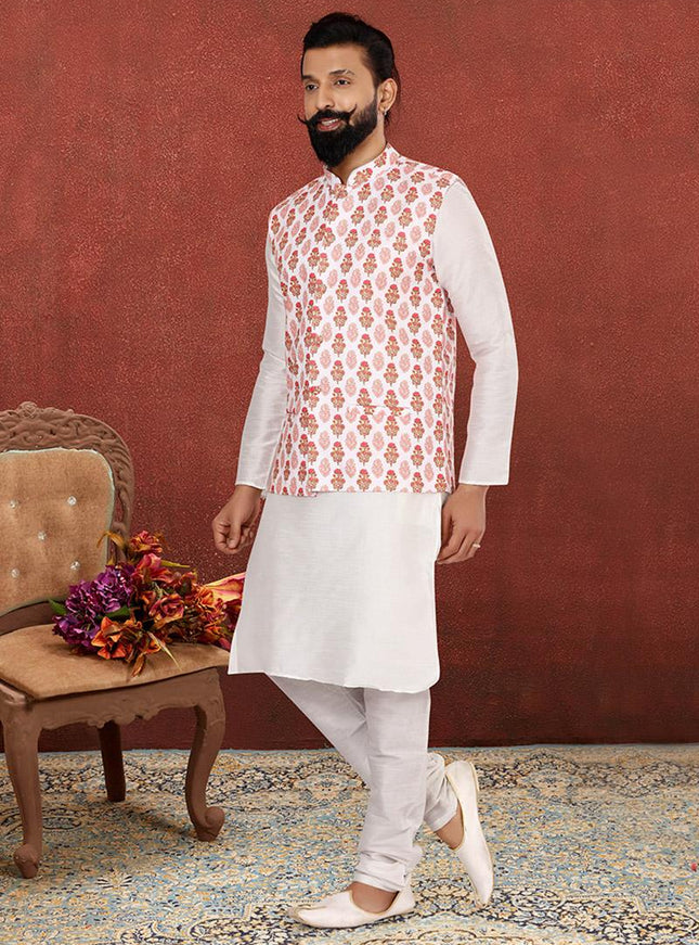 Mesmerizing Off White Dhupion Silk Mens Kurta Pyjama with Jacket
