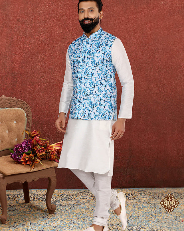 Immaculate Off White Dhupion Silk Mens Kurta Pyjama with Jacket