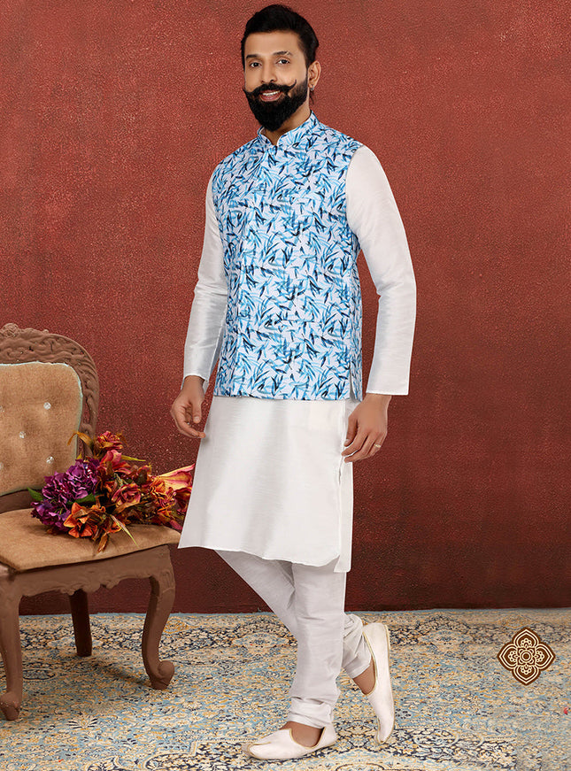 Immaculate Off White Dhupion Silk Mens Kurta Pyjama with Jacket