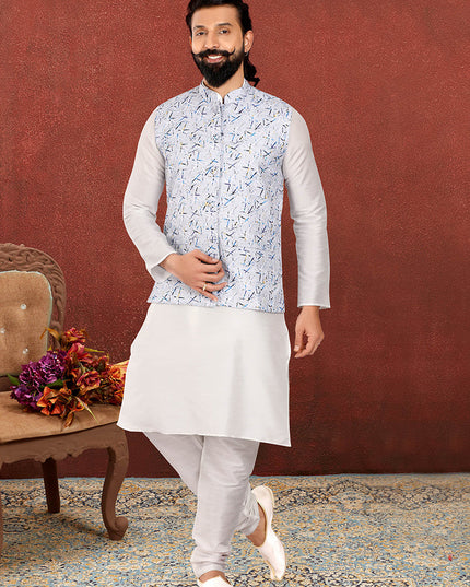 Flawless Off White Dhupion Silk Mens Kurta Pyjama with Jacket