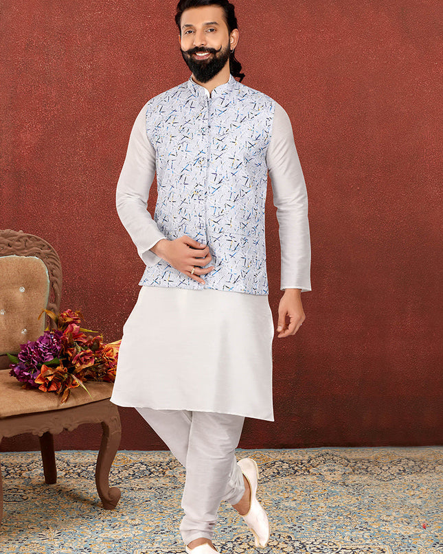 Flawless Off White Dhupion Silk Mens Kurta Pyjama with Jacket