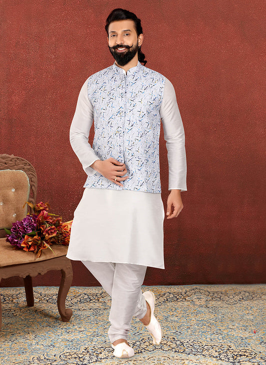 Flawless Off White Dhupion Silk Mens Kurta Pyjama with Jacket