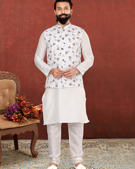 Magnetic Off White Dhupion Silk Mens Kurta Pyjama with Jacket