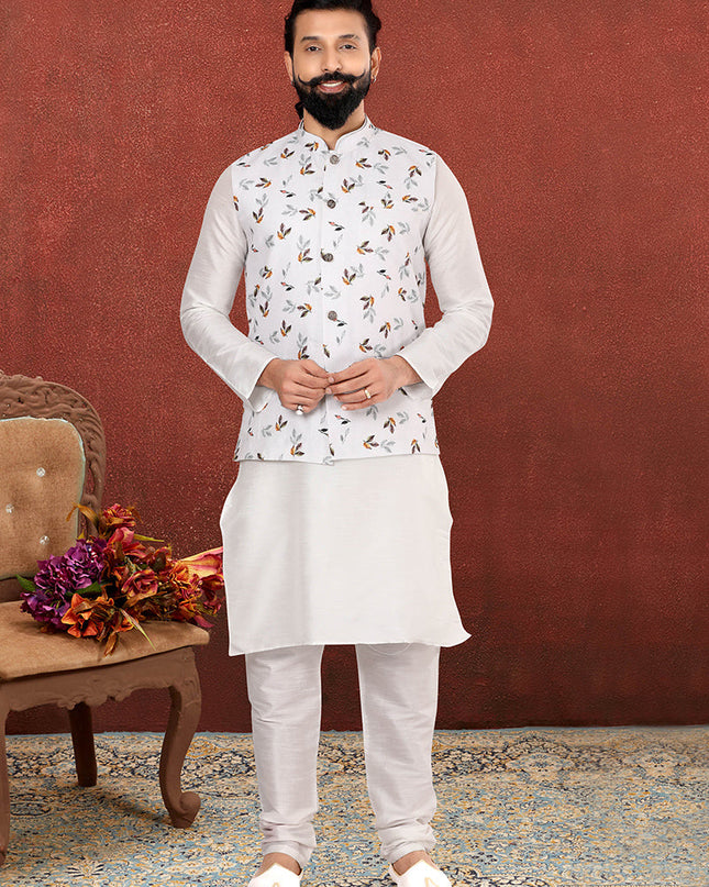 Magnetic Off White Dhupion Silk Mens Kurta Pyjama with Jacket