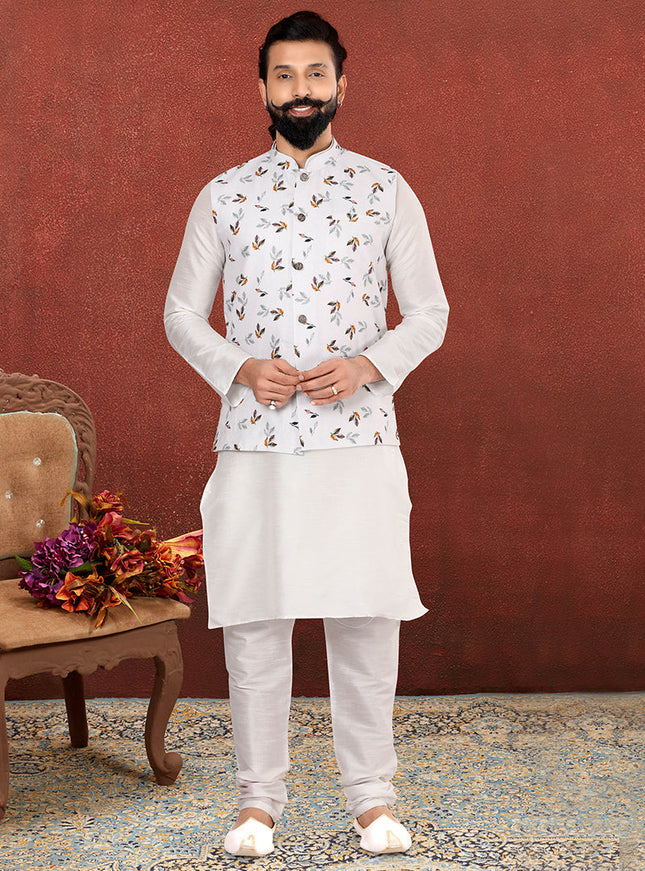 Magnetic Off White Dhupion Silk Mens Kurta Pyjama with Jacket