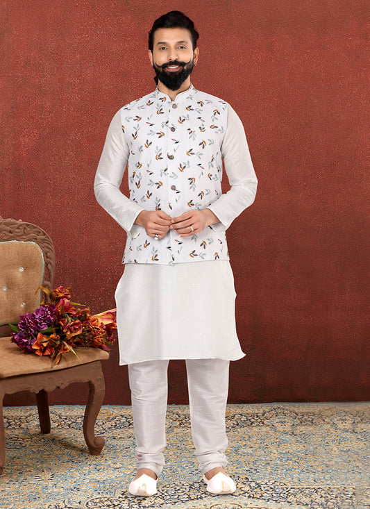 Magnetic Off White Dhupion Silk Mens Kurta Pyjama with Jacket