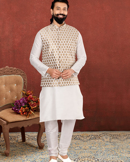 Delicate Off White Dhupion Silk Mens Kurta Pyjama with Jacket