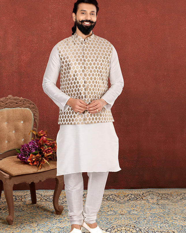 Delicate Off White Dhupion Silk Mens Kurta Pyjama with Jacket