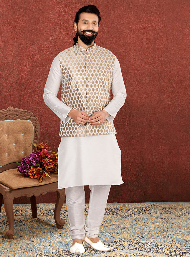 Delicate Off White Dhupion Silk Mens Kurta Pyjama with Jacket