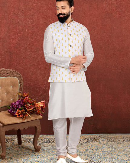 Opulent Off White Dhupion Silk Mens Kurta Pyjama with Jacket