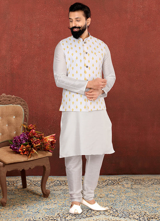 Opulent Off White Dhupion Silk Mens Kurta Pyjama with Jacket